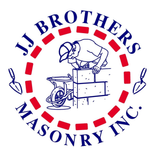 JJ Brothers Masonry Inc. logo: Mason working on brick wall, surrounded by text and tools, with a dashed red circle.
