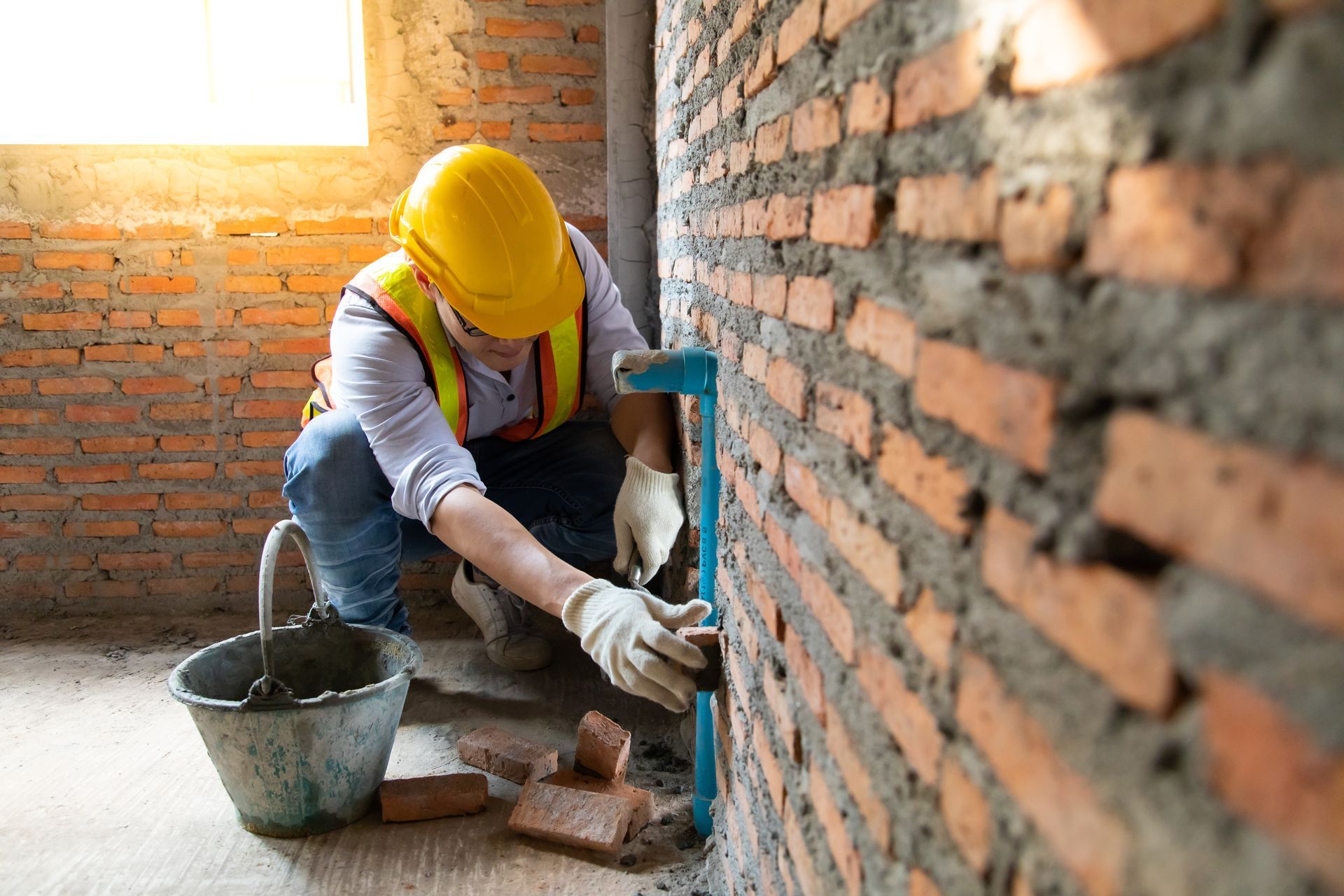 Construction worker installing a pipe on a brick wall, wearing a yellow hard hat and gloves.