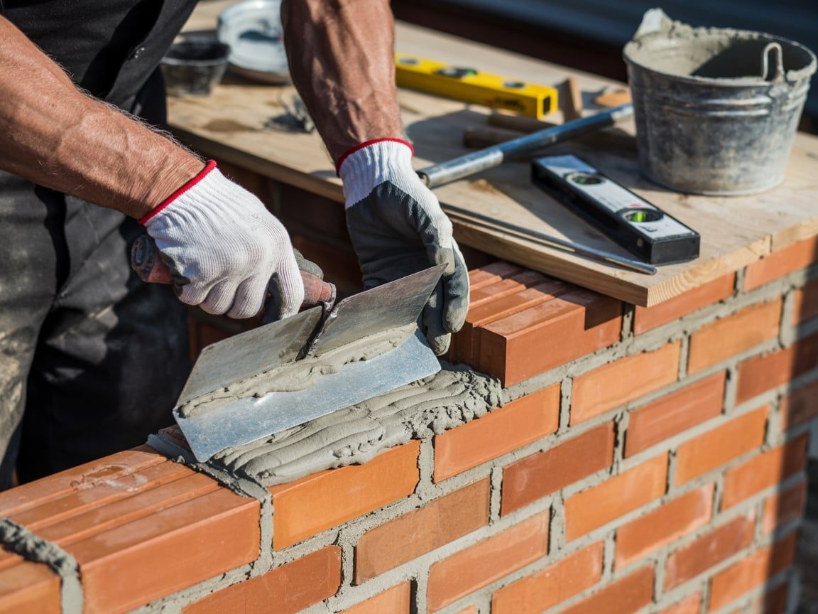 Bricklayer using a trowel to apply mortar on a brick wall, wearing work gloves.
