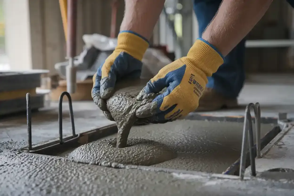 A person is pouring concrete into a hole in the floor.