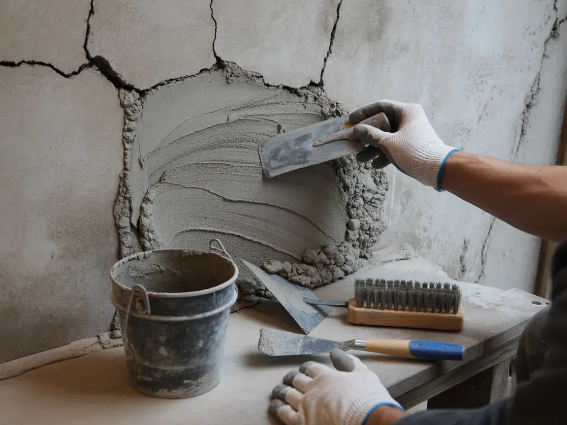 Person smoothing plaster on a wall with a trowel, near a bucket and tools.