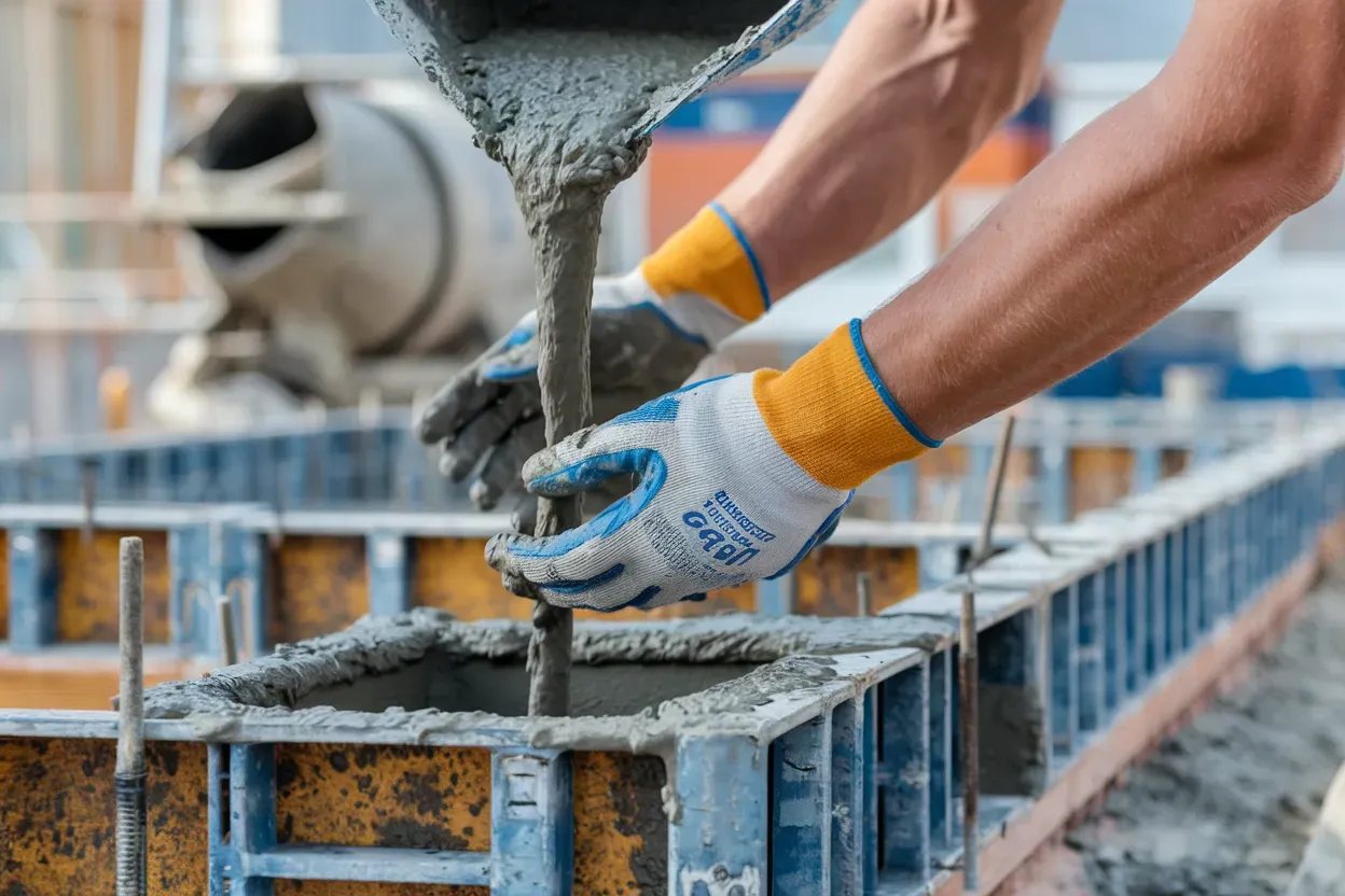 A construction worker is pouring concrete into a concrete form.