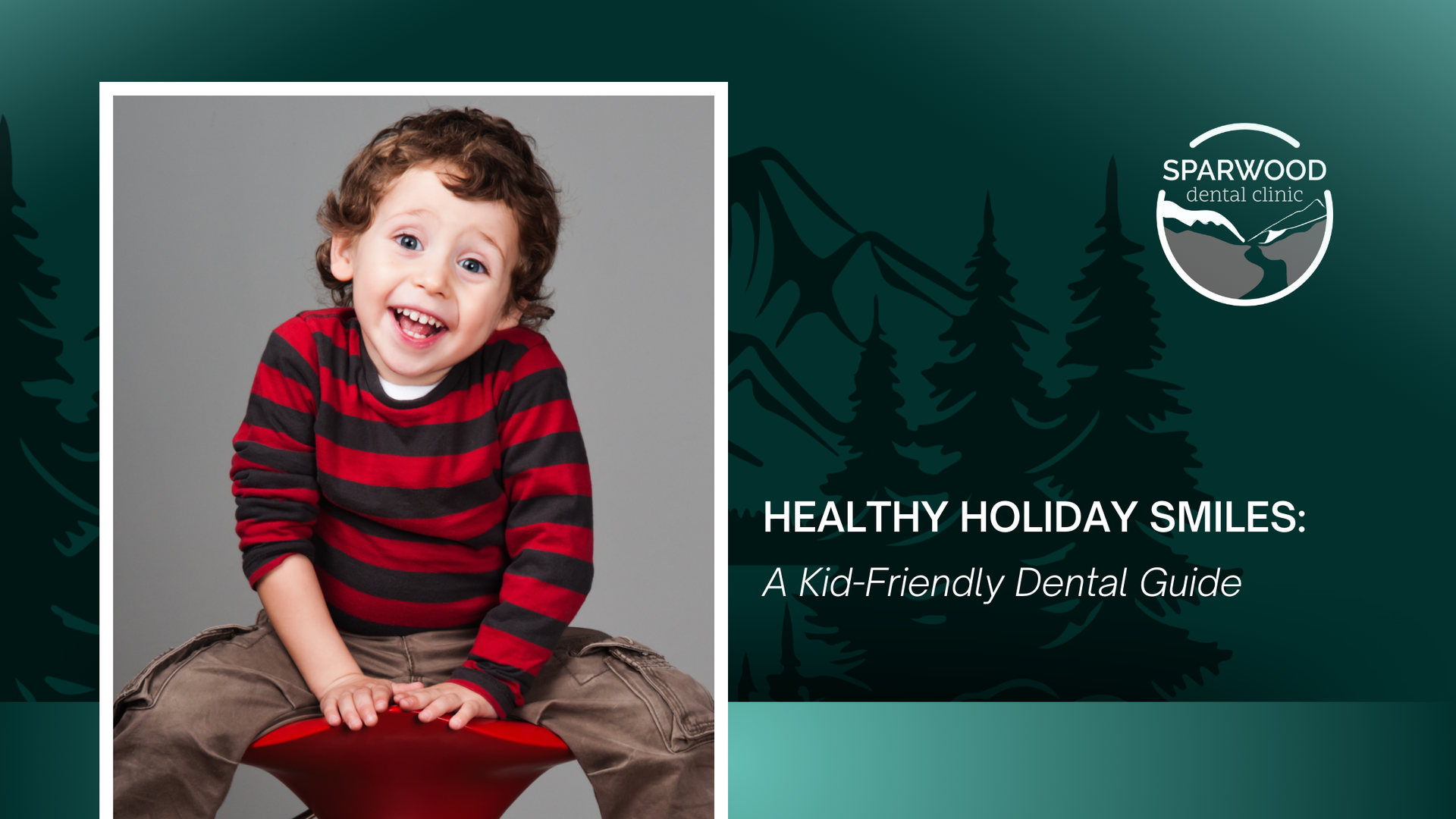 Young child with a big smile sits on a red stool, featured in a dental health guide.