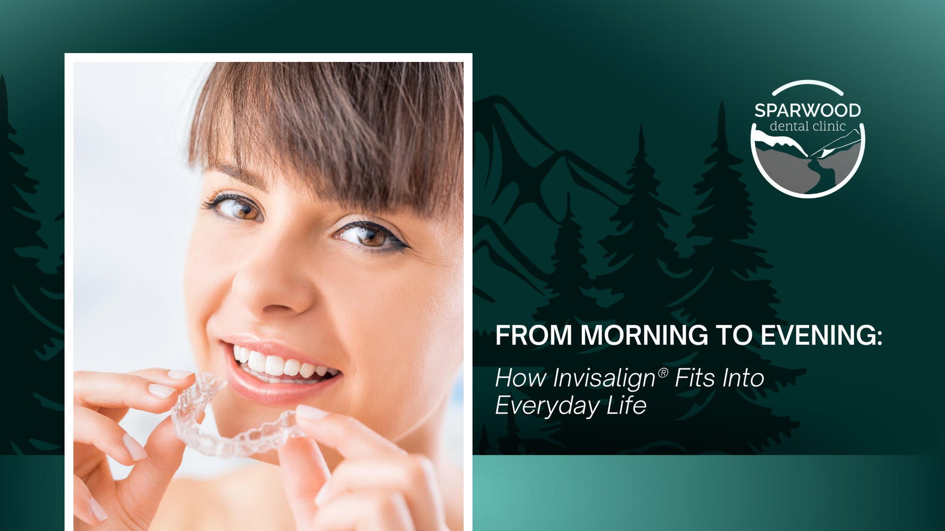 Woman smiling, holding clear aligner. Text: 