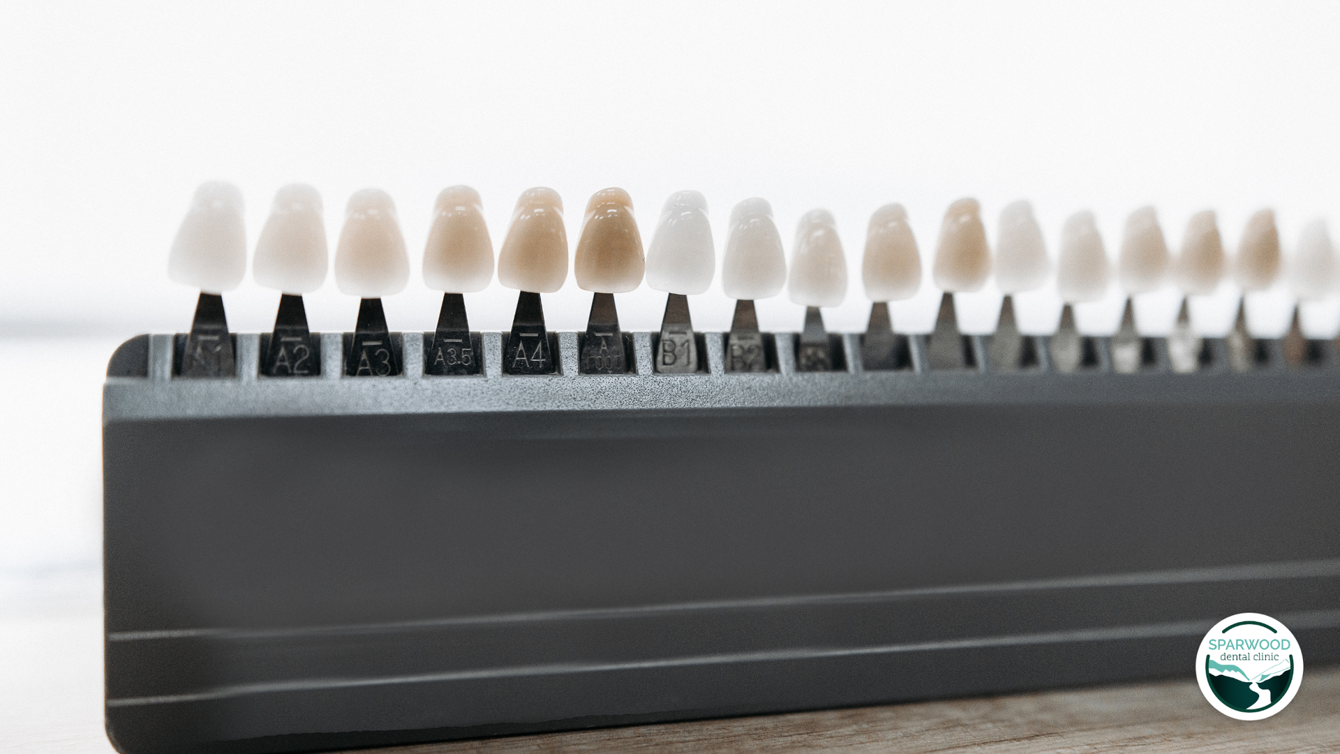A tray of tooth shades is sitting on a table.