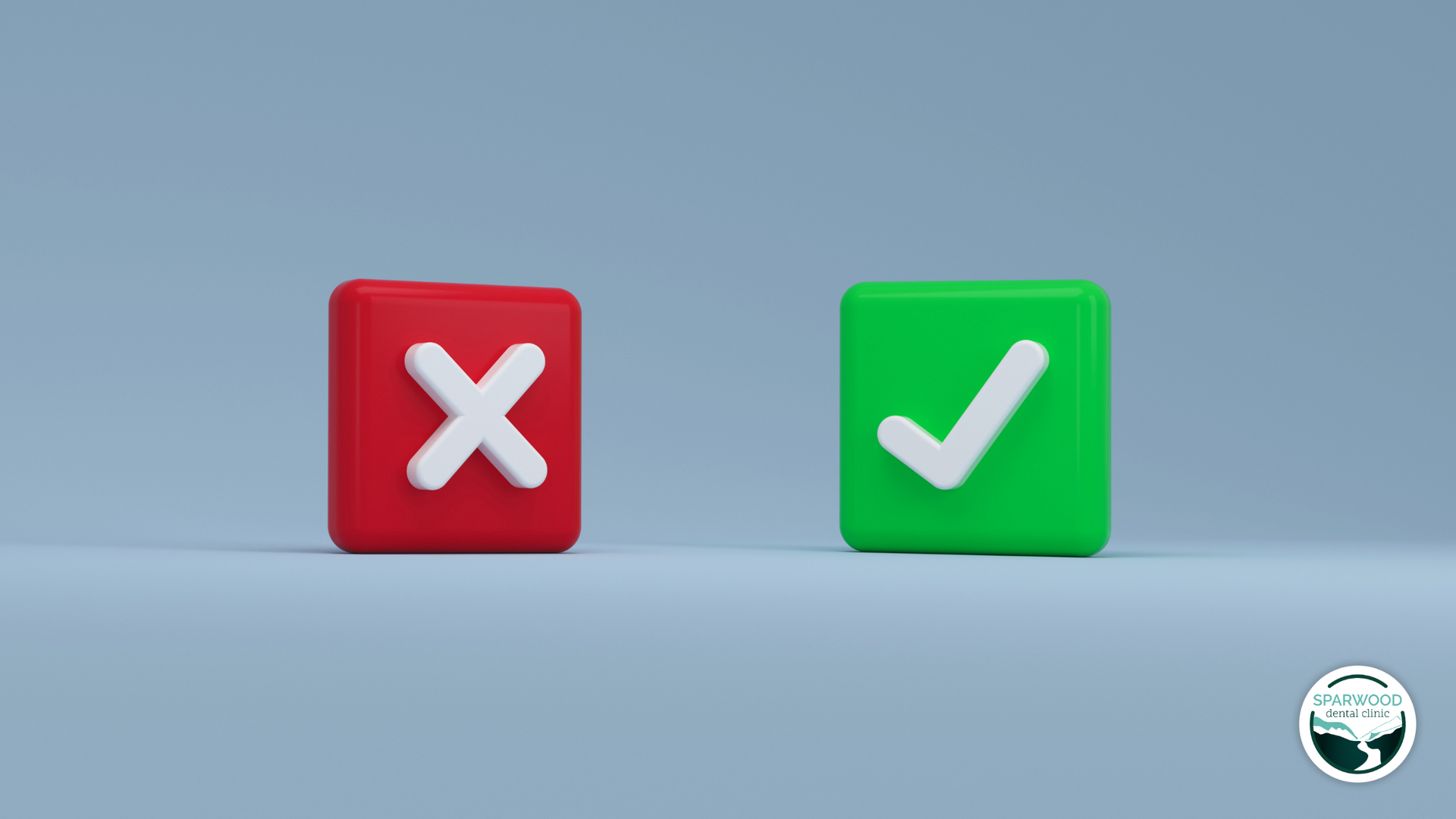 A red cross and a green check mark on a blue background.