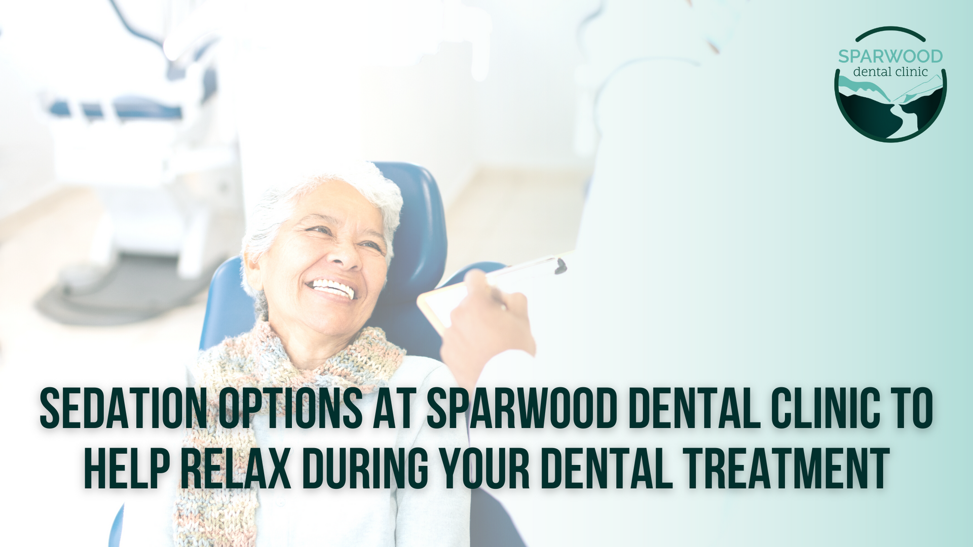 woman smiling at the dentist with sparwood dental clinic logo