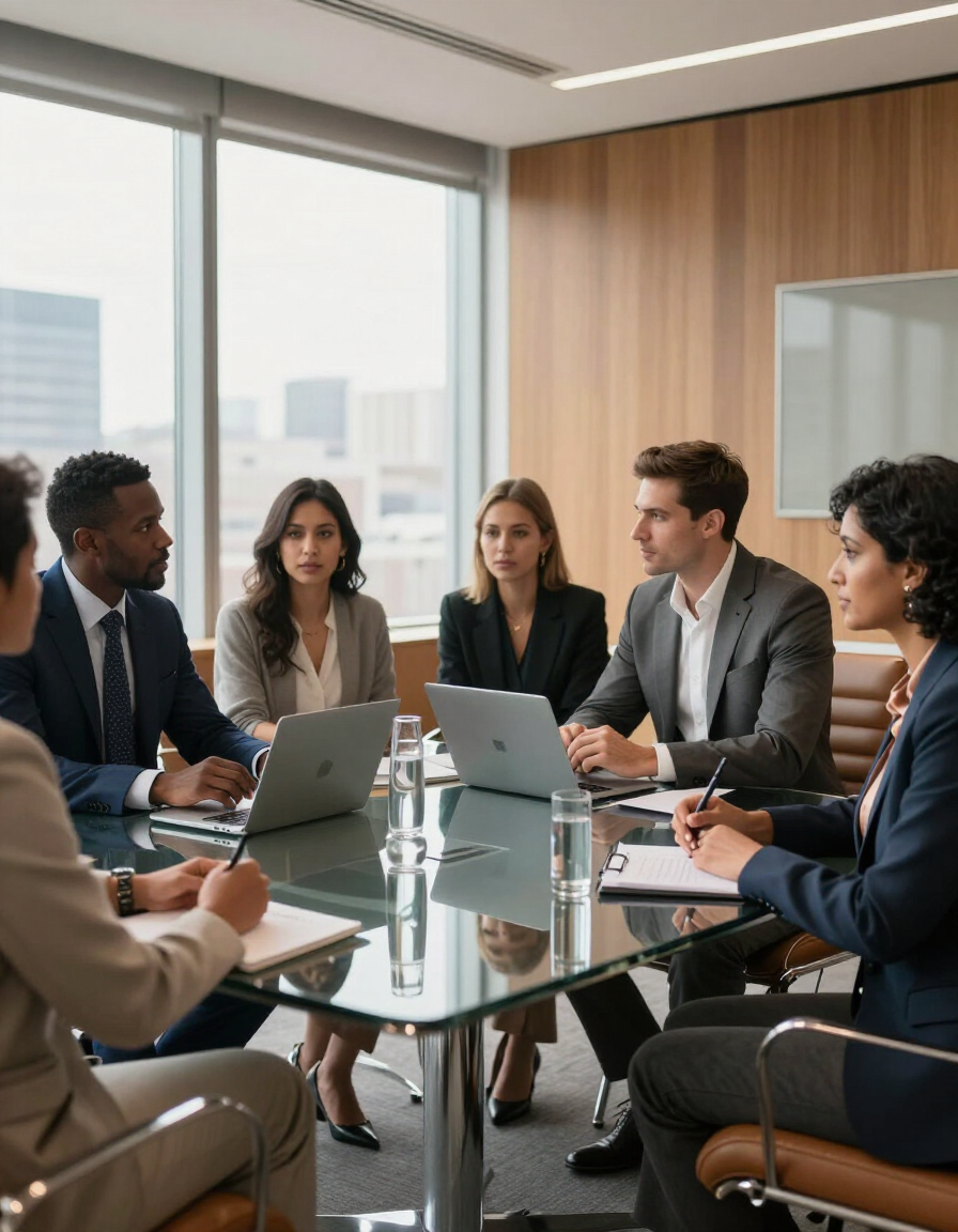 Diverse executive team in a modern conference room
