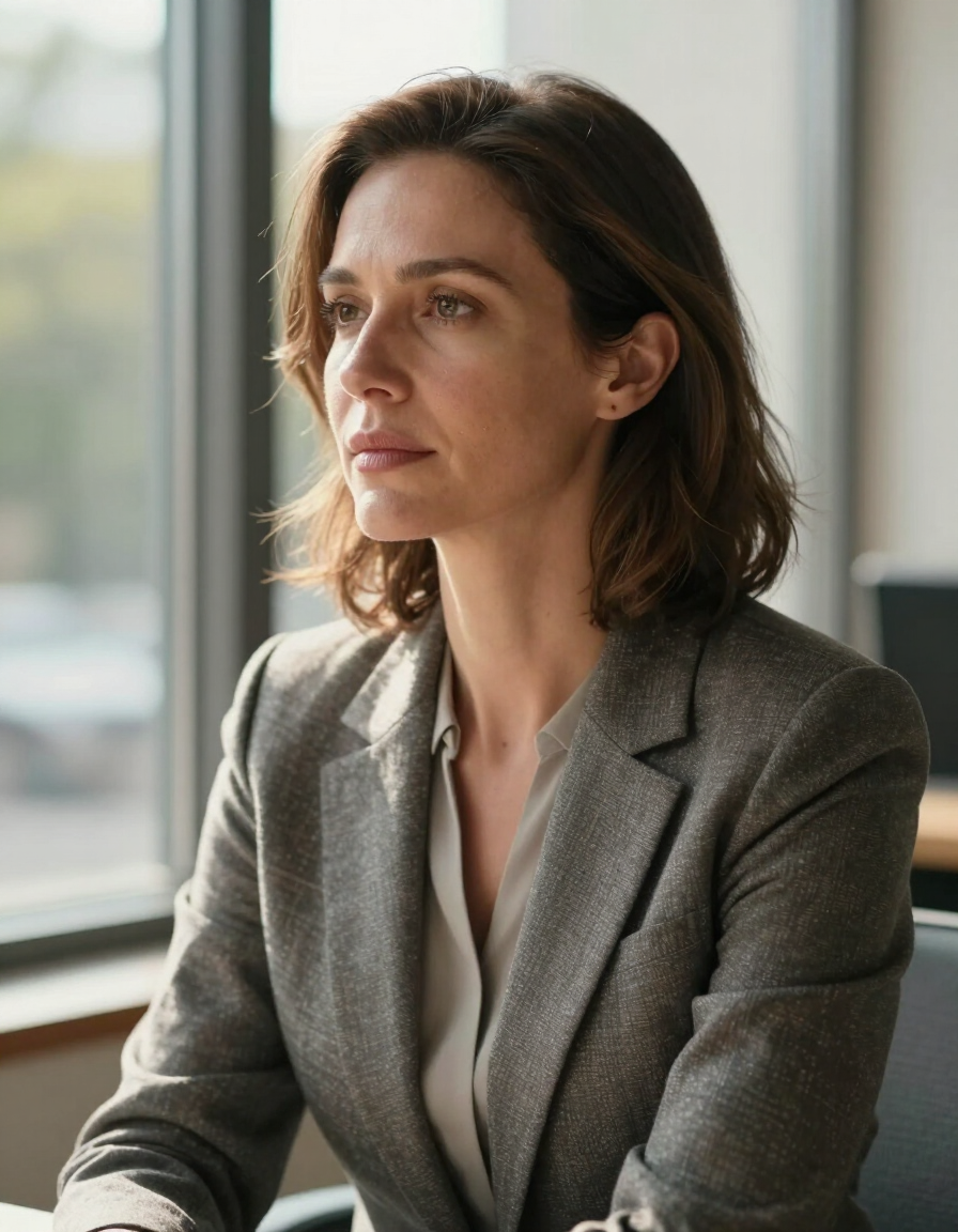 Professional woman seated near window in warm natural light