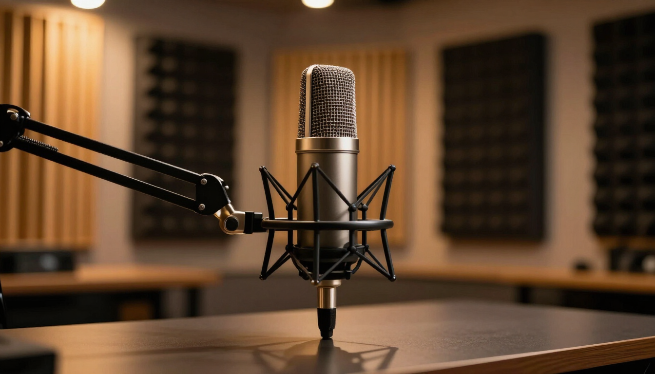Podcast microphone in warm amber studio light