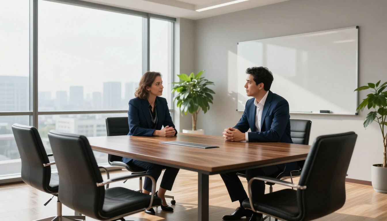Two people in a conference room mid-conversation