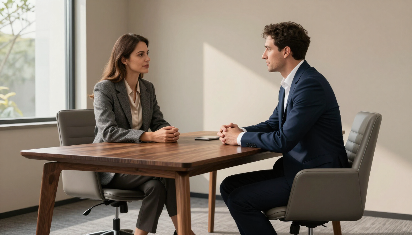 Two professionals in calm conversation