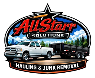 Logo for AllStarr Solutions featuring a white pickup truck towing a trailer against a forest and city backdrop.