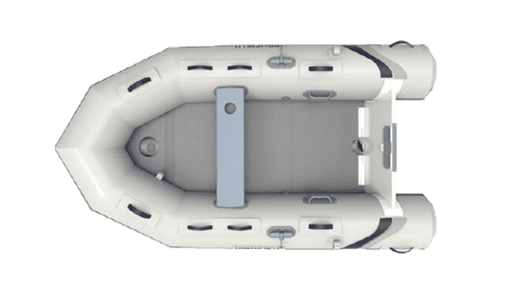 A white inflatable boat is shown from above on a white background.