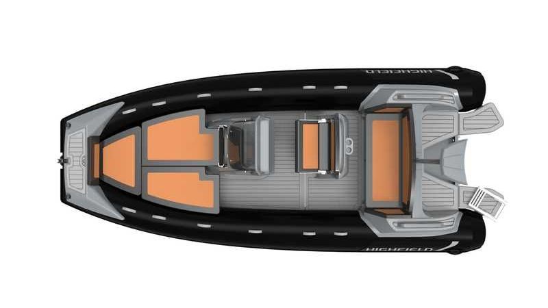 An aerial view of a boat with orange seats on a white background.