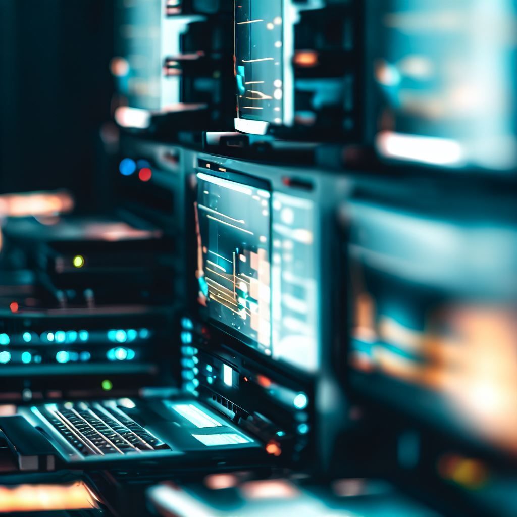 A laptop computer is sitting on a desk in a server room.