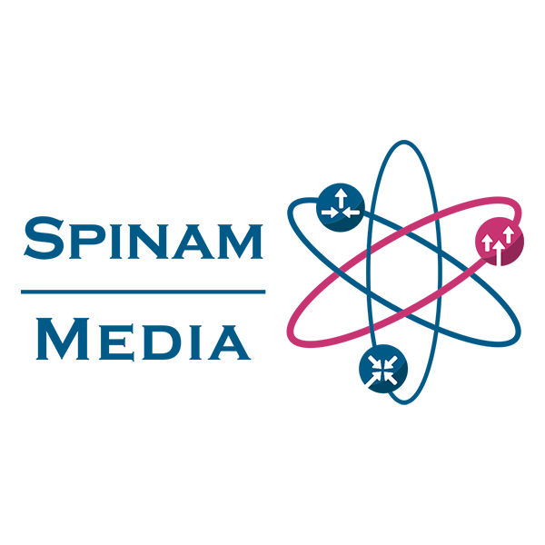 Logo voor Spinam Media met de bedrijfsnaam in blauw, naast een atoomvormig orbitaal icoon in blauw en roze.