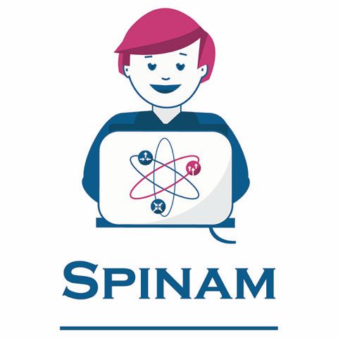 Een gestileerd logo met een persoon achter een laptop met een atoomsymbool, met daaronder de tekst