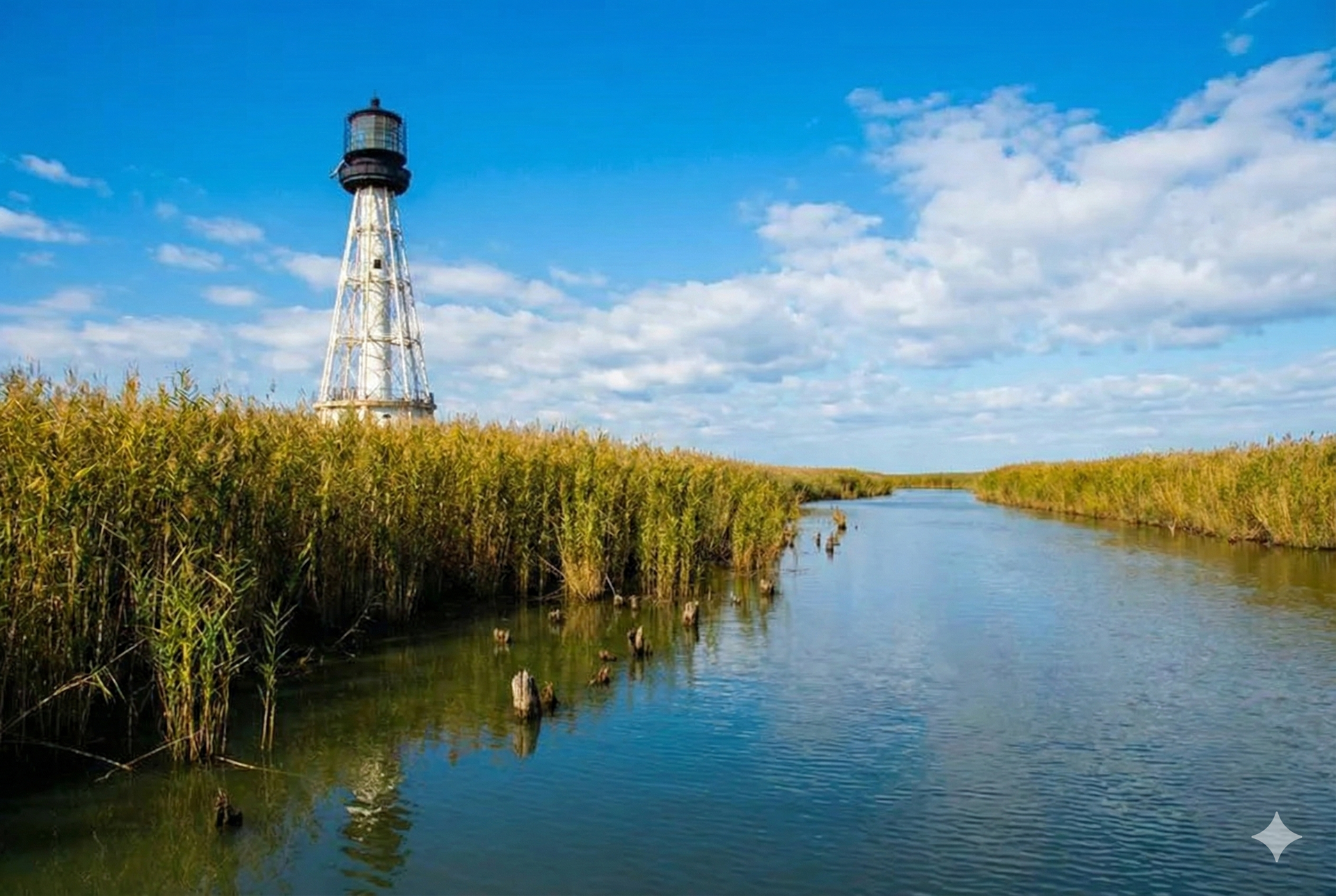 Lighthouse on a marshy waterway under a blue sky with clouds. Reeds line the banks.