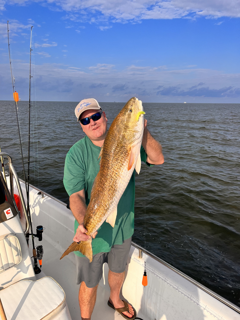 Man on boat holding large reddish-orange fish. Blue sky, water.