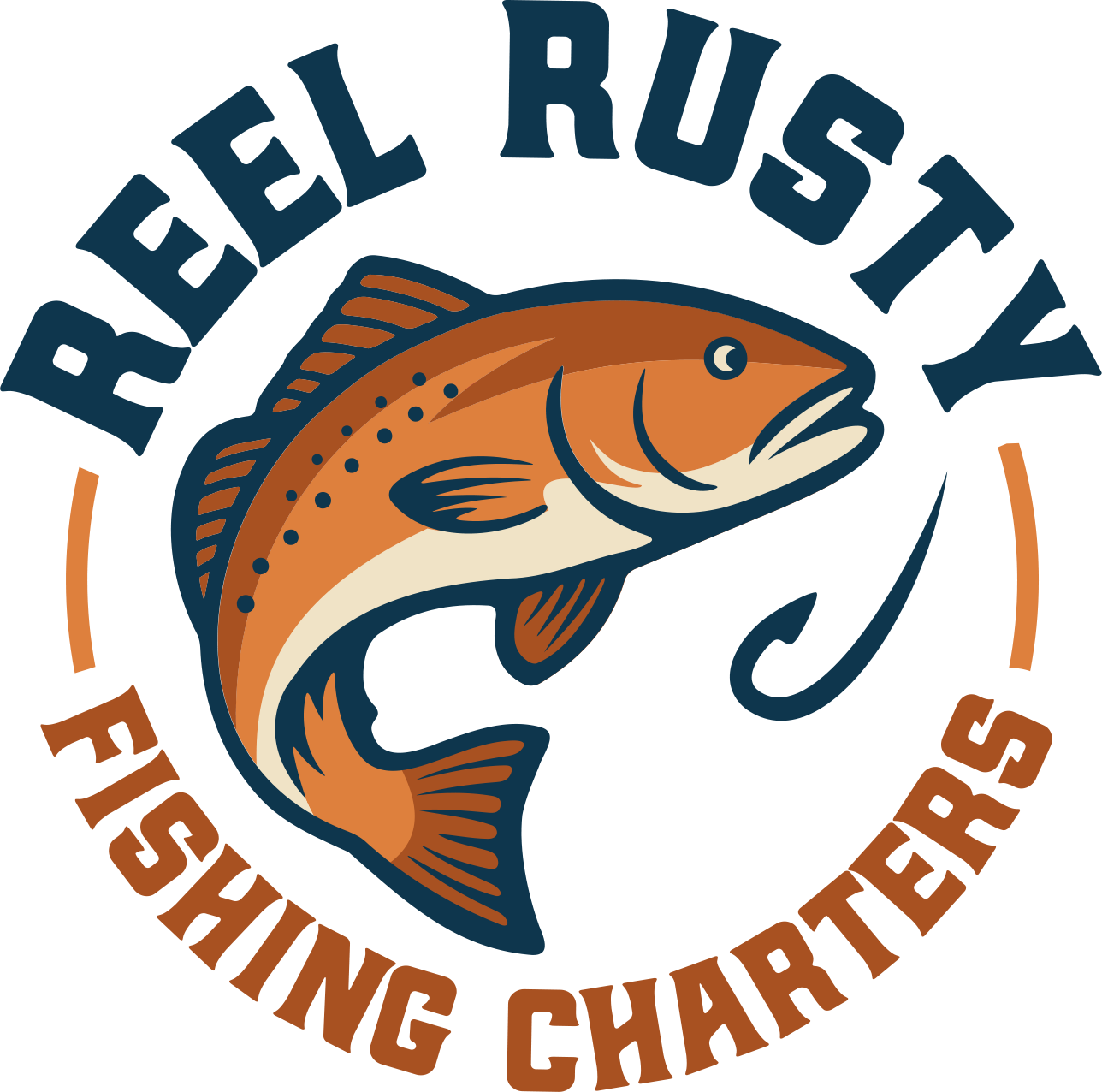 Logo for Reel Rusty Fishing Charters featuring a brown fish, a hook, and text in a blue and orange circular design.