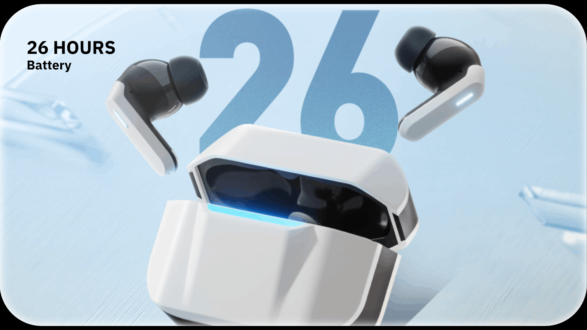 White wireless earbuds in charging case on blue background, with “26 HOURS Battery” text and large 26 number
