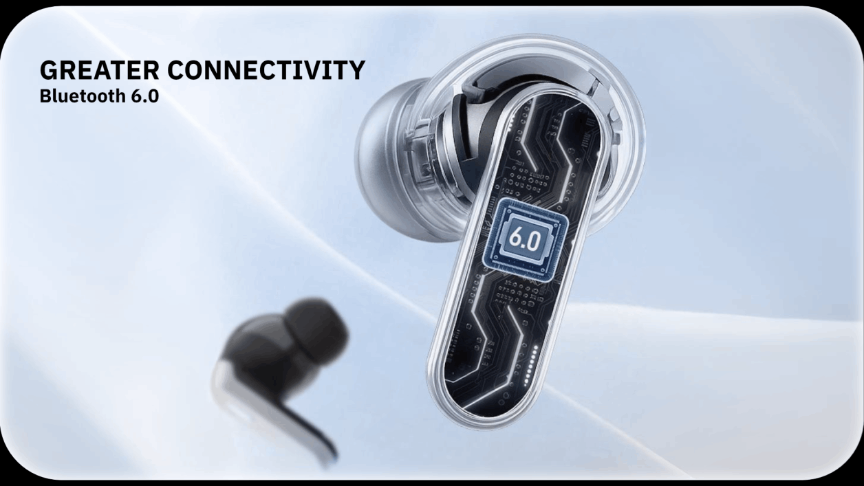 Bluetooth 6.0 earbuds with charging case and “Greater Connectivity” text on a light blue background