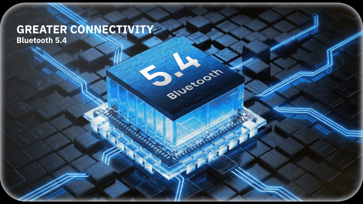 Blue Bluetooth 5.4 chip graphic with “Greater Connectivity” text on a futuristic circuit board background