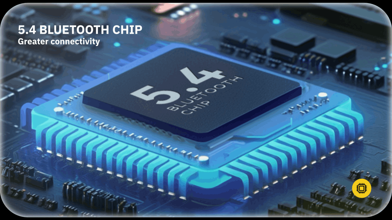 5.4 Bluetooth chip on a glowing blue circuit board, labeled “Greater connectivity”
