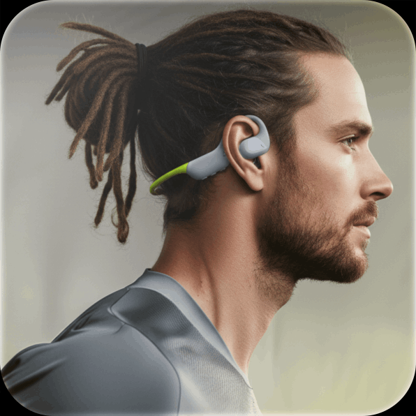 Side profile of a man wearing a wireless earbud with a green accent, looking ahead indoors.