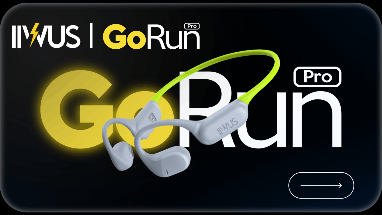 IVUS GoRun Pro logo with white running shoes on a black background