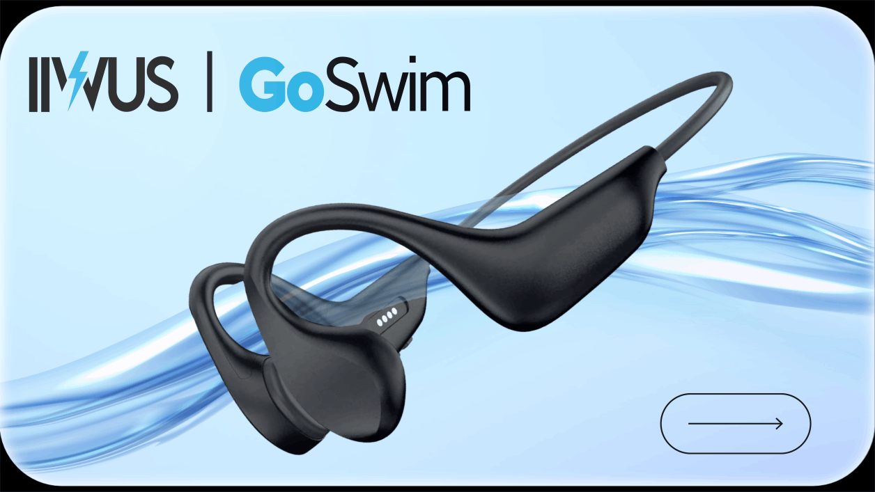 IWUS GoSwim goggles with black strap on a blue water-themed background, with a right arrow button