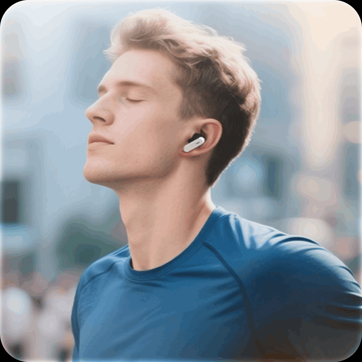 Man with closed eyes wearing wireless earbuds, stretching outdoors in a blue shirt