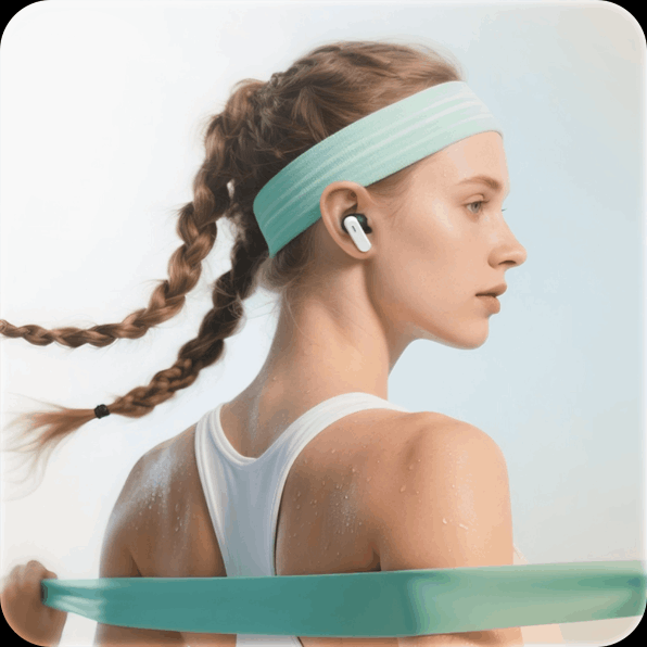 Woman in white sportswear with teal headband and earbuds, viewed in profile against a light background.