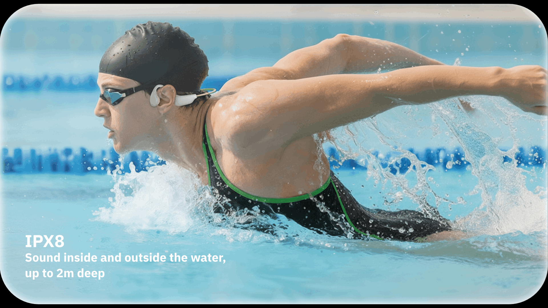 Swimmer in blue water with goggles, demonstrating IPX8 waterproof use up to 1.5 meters
