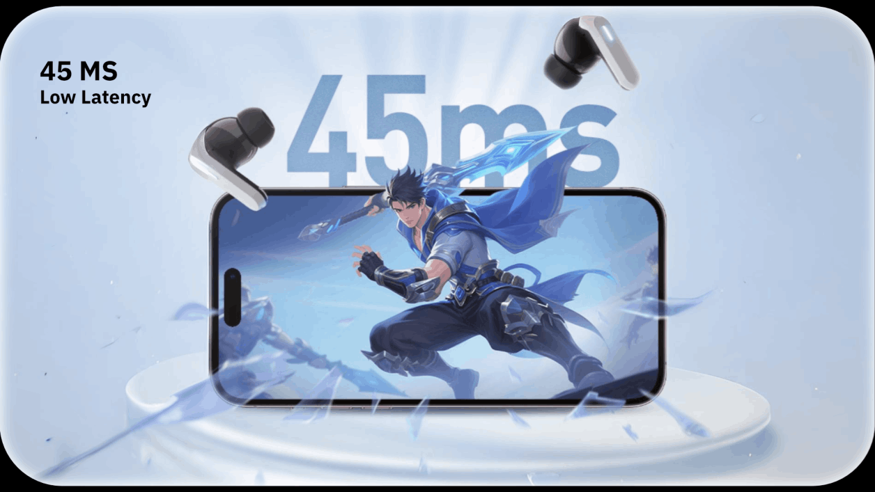 Wireless earbuds around a smartphone displaying a game, with “45ms” low-latency text on a blue background