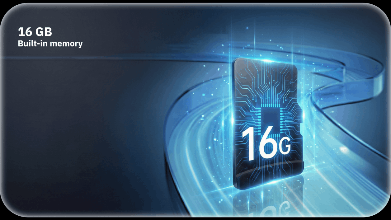 Blue tech graphic showing a glowing chip labeled “16G” and “16 GB built-in memory.”