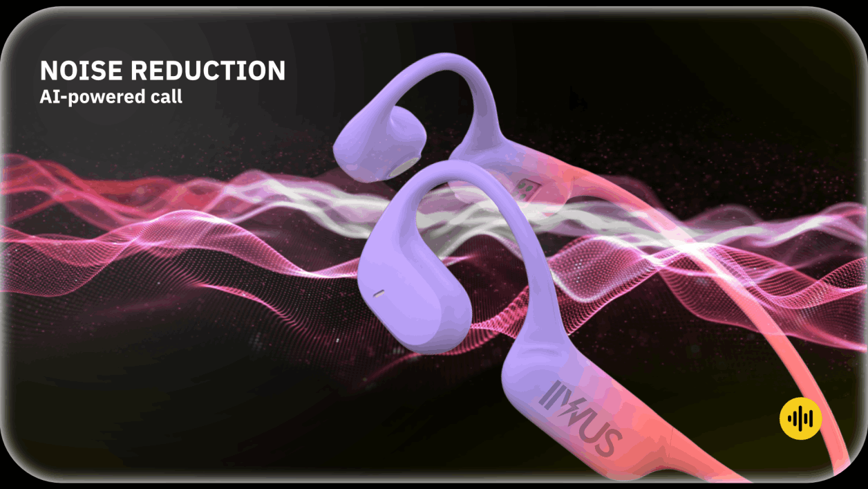 Purple and pink wireless earbuds with “Noise Reduction” text on a black background