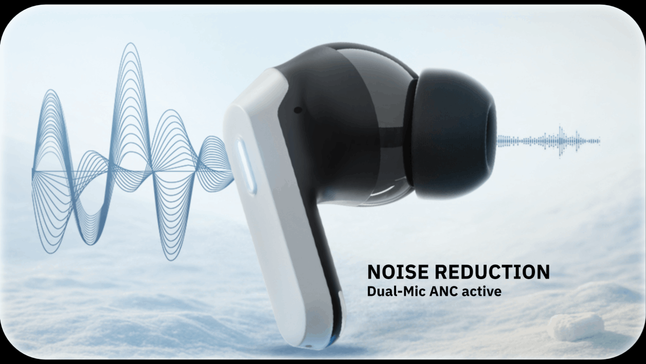 Black wireless earbuds beside a soundwave graphic with “Noise Reduction” text on a light blue background