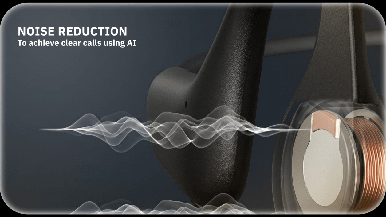 Noise reduction ad showing black headphones with sound waves and the text “Noise Reduction” and “AI.”