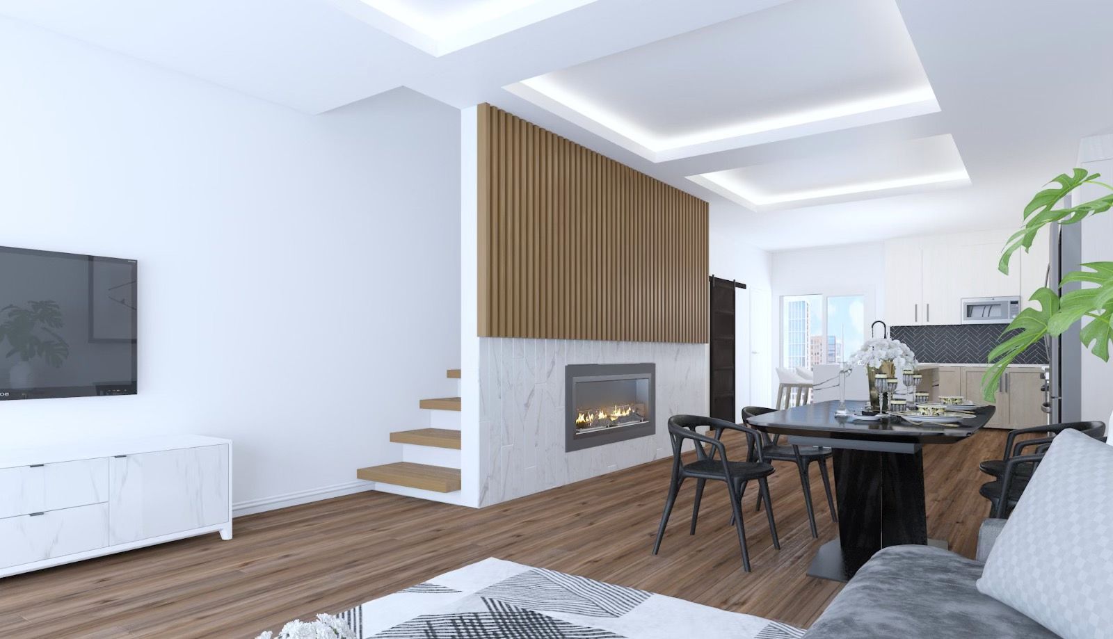 A living room with a fireplace and a flat screen tv.