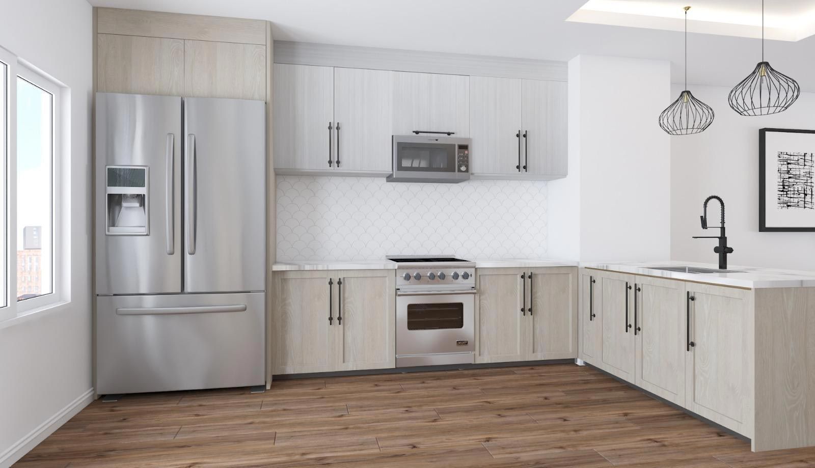 A kitchen with stainless steel appliances and white cabinets.