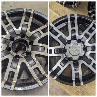 Two pictures of a wheel before and after being cleaned.