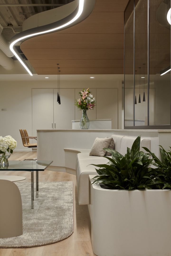 Modern office reception area with curved white desk, seating, plants, and decorative lighting.