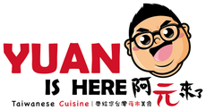 Red and black &ldquo;YUAN IS HERE&rdquo; sign with a cartoon face and Chinese characters for Taiwanese cuisine.