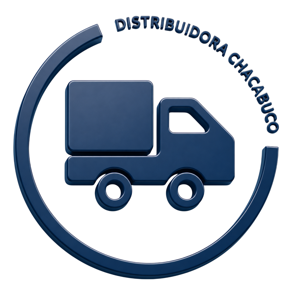 Logotipo de un camión de reparto azul con “Distribuidora Chacabuco” en un borde circular.