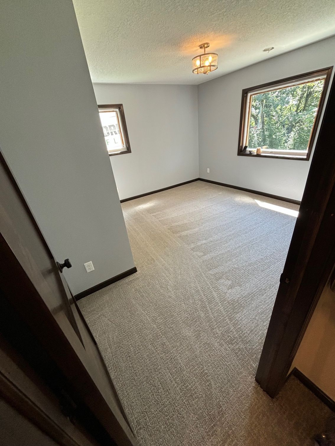Empty bedroom with gray walls, two windows, beige carpet, and a door frame.