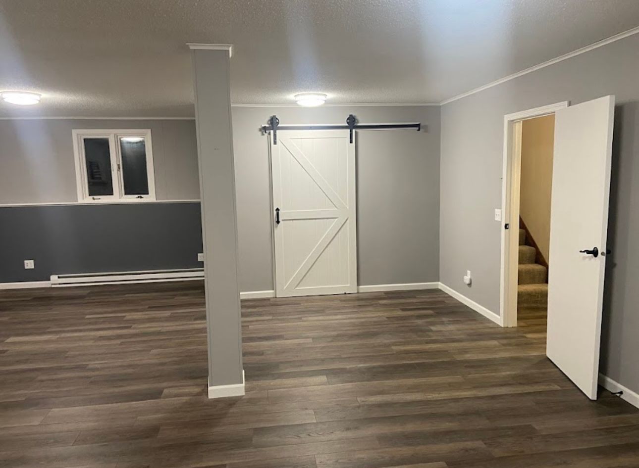 Empty renovated basement with wood-look flooring, gray walls, and white sliding door.