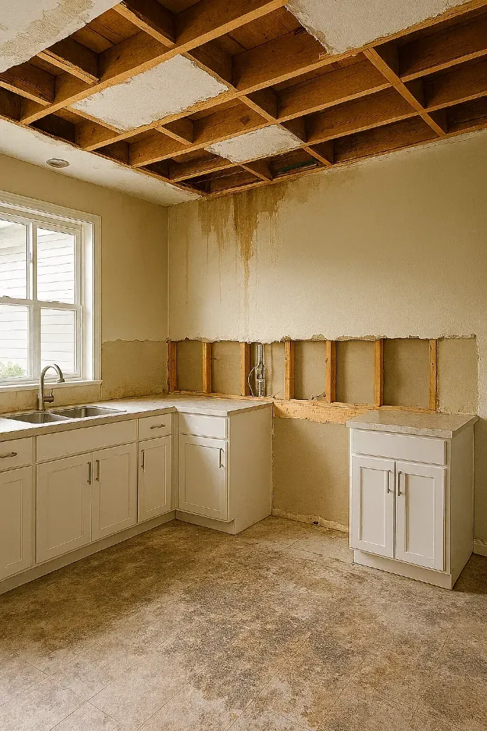 kitchen with drywall removed due to water damage from ceiling