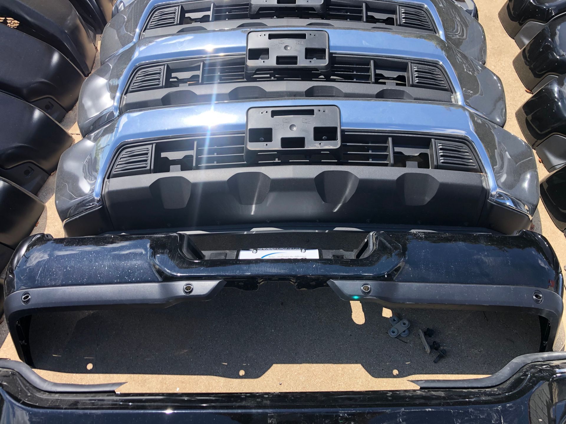 A bunch of bumpers are stacked on top of each other